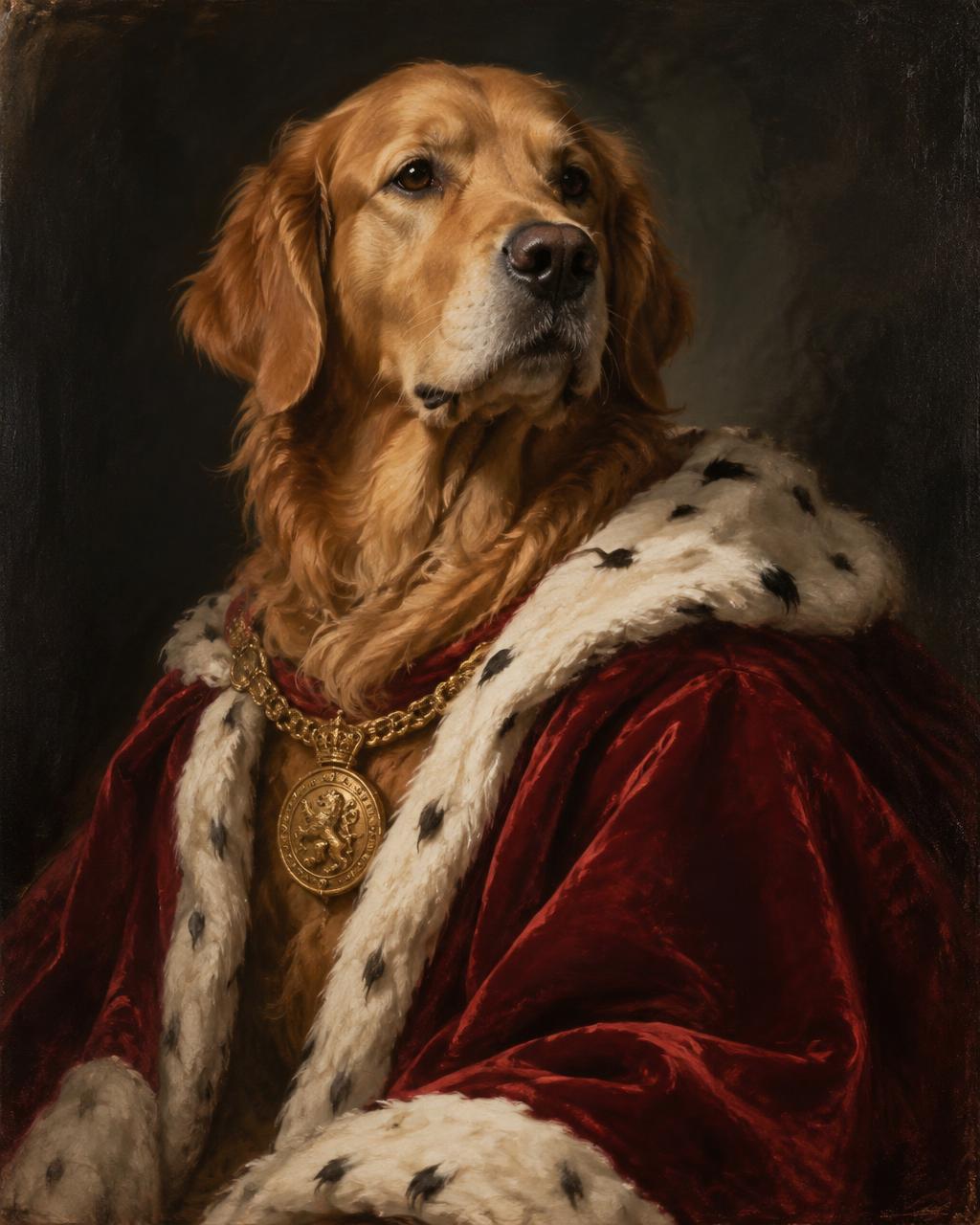 Golden retriever painted in a crimson ermine royal cape